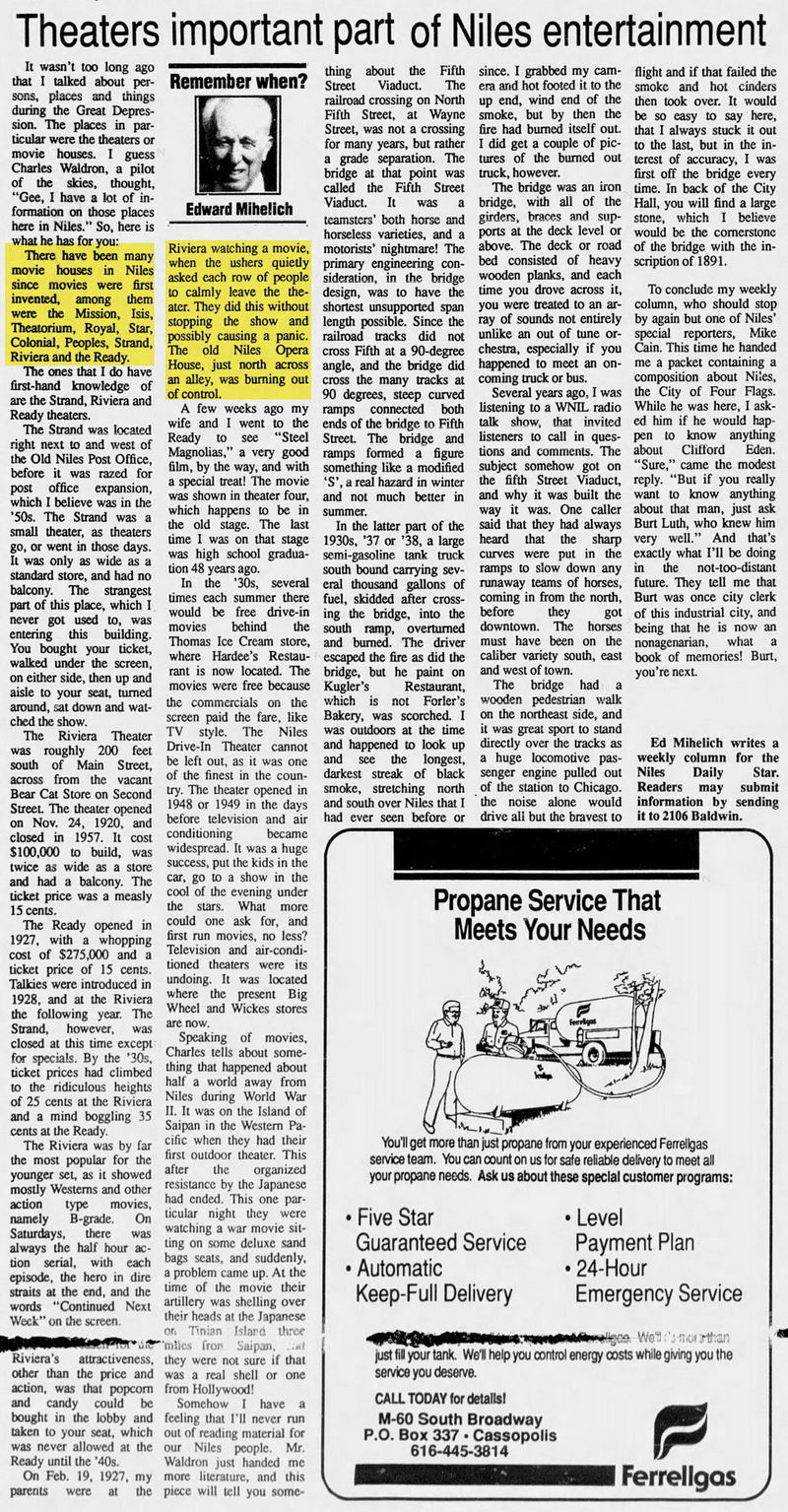 The Niles Daily Star Aug 1990 Strand Theatre, Niles